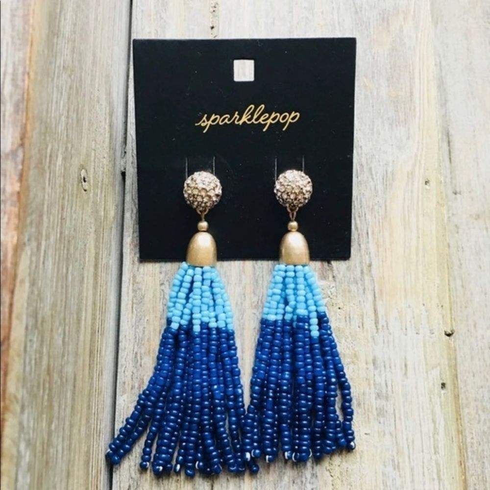 Sparklepop Ombré blue beaded tassel earrings‎